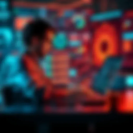 A person working with AI software on a laptop, displaying creativity and skill enhancement, with digital graphics in the background.