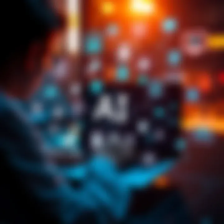 A person using AI software on a laptop surrounded by digital icons representing automation and innovation.