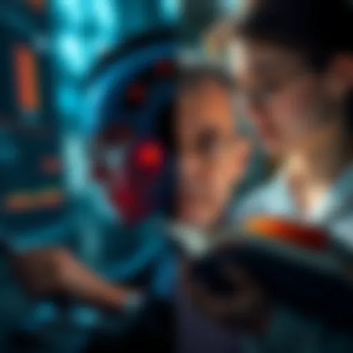 A split image showing a person using AI tools on one side and another person deep in thought with books on the other side