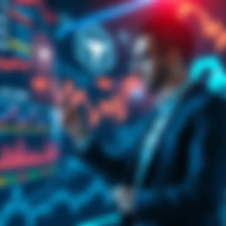 A business professional analyzing data on a digital screen with AI graphics in the background, symbolizing AI trade opportunities.
