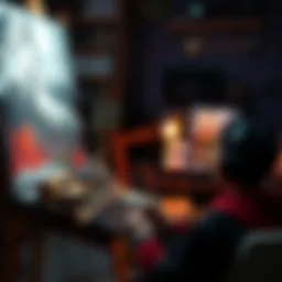 A traditional artist paints on canvas while a digital artist works on a computer, symbolizing the blend of art styles.