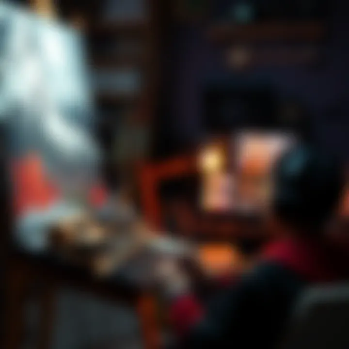 A traditional artist paints on canvas while a digital artist works on a computer, symbolizing the blend of art styles.