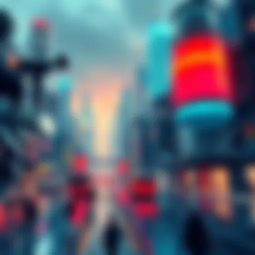 A futuristic cityscape with robots and technology seamlessly integrating into daily life.