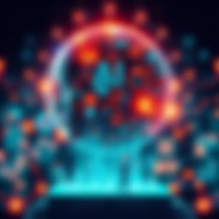 A visual representation of AI technology influencing modern organizational structures with digital elements and diverse industries portrayed.