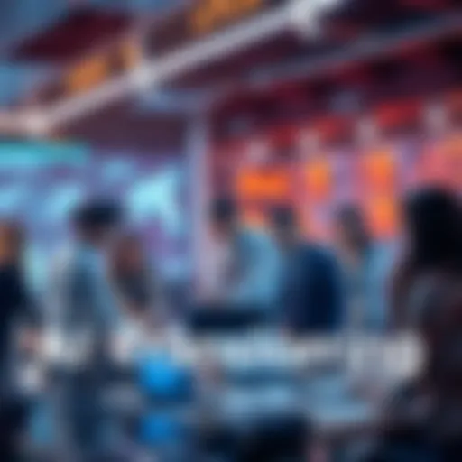 A diverse group of people collaborating around a futuristic office setup with AI technology, symbolizing changes in work due to artificial intelligence.