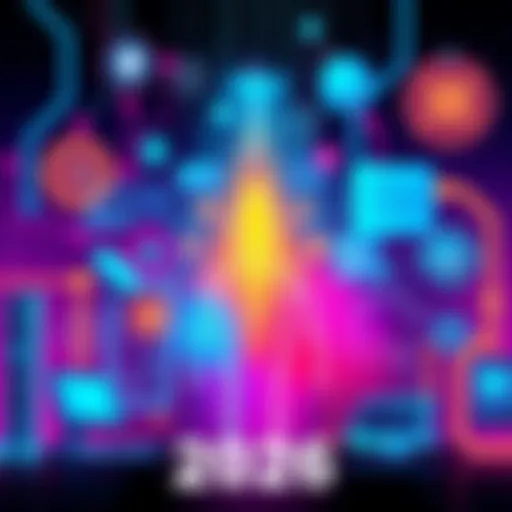 Illustration showing various AI technologies and tools shaping the future, including chatbots and workflow diagrams.