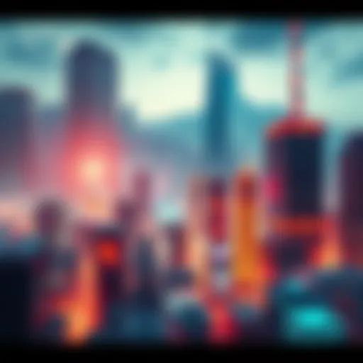 A futuristic city skyline with advanced technology and AI elements, showcasing robotics and smart devices in everyday life.