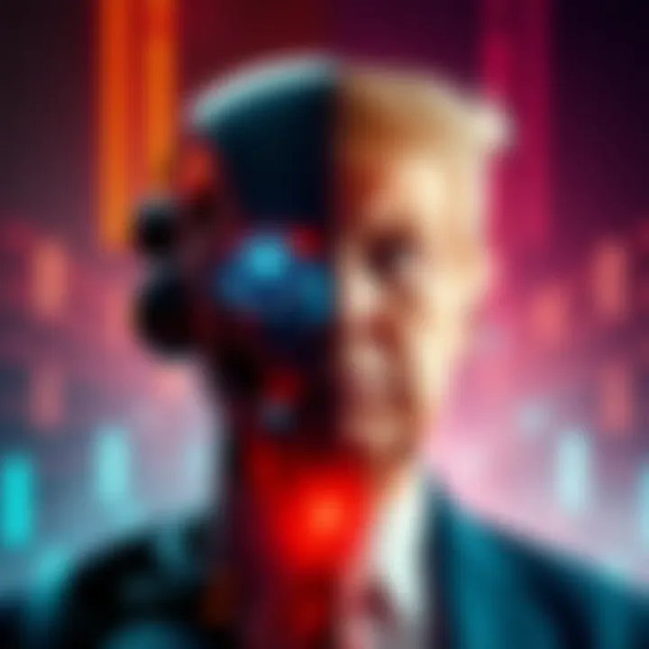 A split image showing a robot symbolizing AI on one side and a silhouette of Donald Trump on the other, representing contrasting views