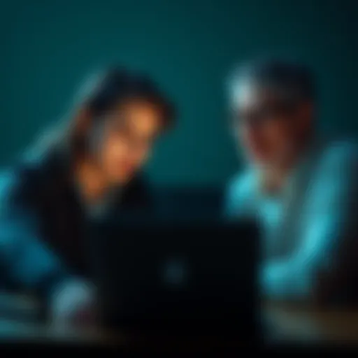 Two people debating over a laptop with facial expressions showing concern and curiosity about AI's impact on trust and communication.