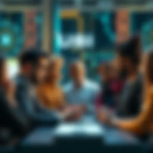 A group of diverse people discussing Universal Basic Income with technology in the background.