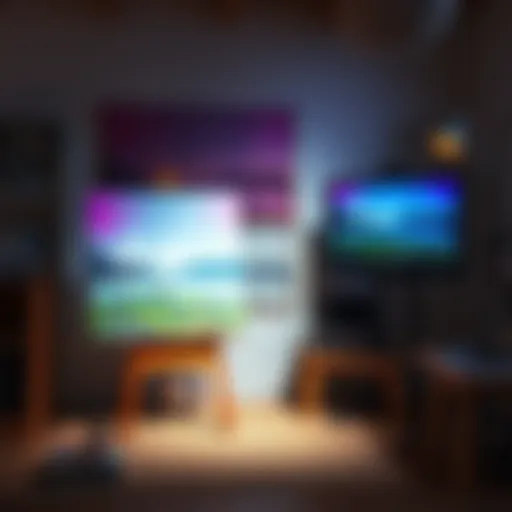 An artist's workspace with an unfinished painting on the easel, while a computer displays AI-generated completions of the artwork.