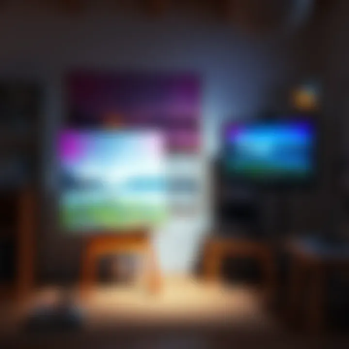 An artist's workspace with an unfinished painting on the easel, while a computer displays AI-generated completions of the artwork.