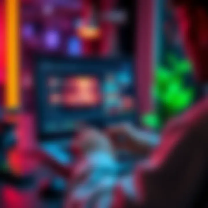 A person using a laptop to create videos with an AI tool, showcasing colorful graphics and engaging visuals on the screen.