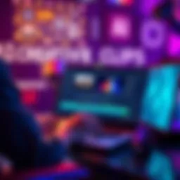 A person using a laptop with video editing software and AI tools, surrounded by colorful graphics and creative prompts.