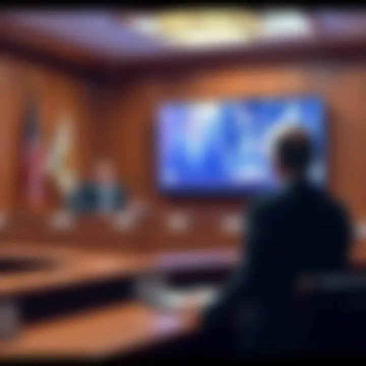 A courtroom scene showing a judge, a lawyer, and a screen displaying AI-generated video evidence, highlighting the debate over authenticity.