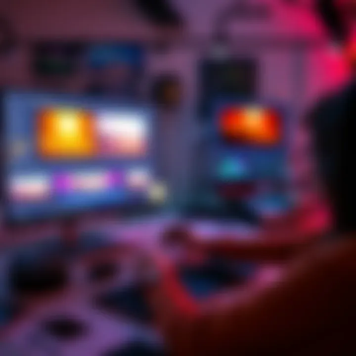A creative workspace showcasing AI video editing software with vibrant footage and design tools. A person is analyzing AI-generated video elements on a computer screen alongside motion design sketches...