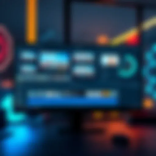 A computer screen displaying various AI video editing software used to create realistic commercials, showcasing a modern workspace with video thumbnails and editing options.