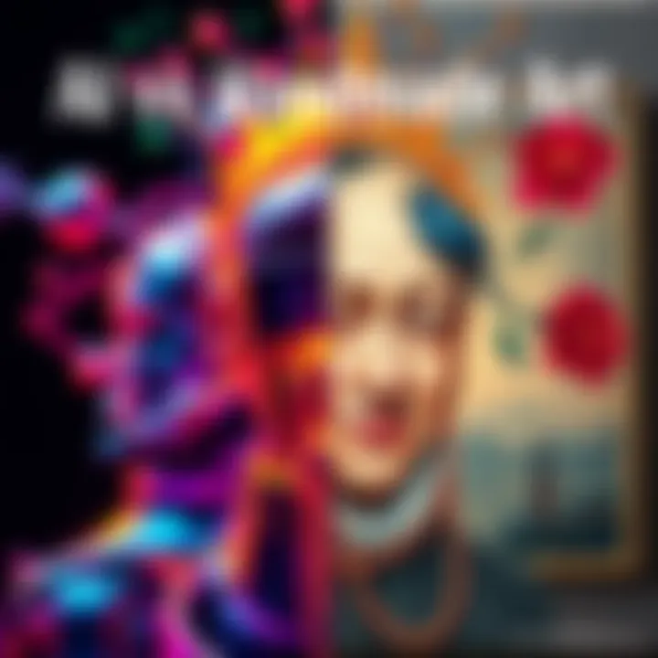 A split image showing a vibrant AI-generated artwork on one side and a traditional handmade painting on the other side, illustrating the contrast between the two styles.