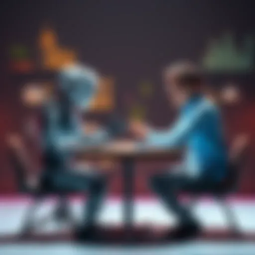 A robot and a human sitting at a table, discussing ideas, symbolizing the gap between AI-generated content and human creativity.