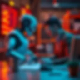 A side-by-side comparison of a robot and a human working at a desk, highlighting the differences in technology and traditional labor.