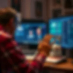 A person comparing an AI assistant on a screen with a traditional automation tool on a desk