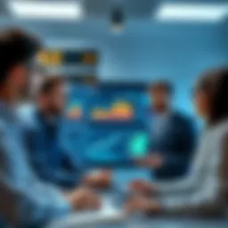 A group of professionals discussing the impact of AI on office jobs, with charts and graphs displayed on a screen in the background.