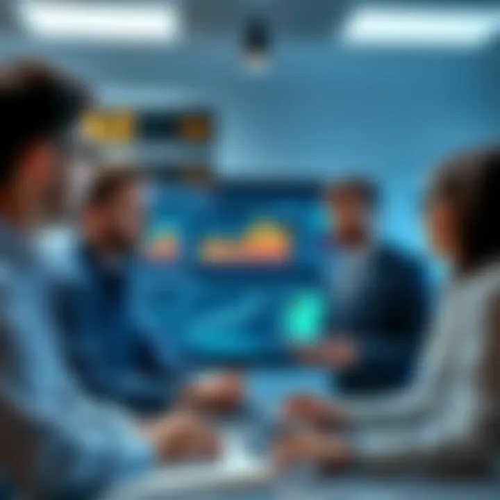 A group of professionals discussing the impact of AI on office jobs, with charts and graphs displayed on a screen in the background.