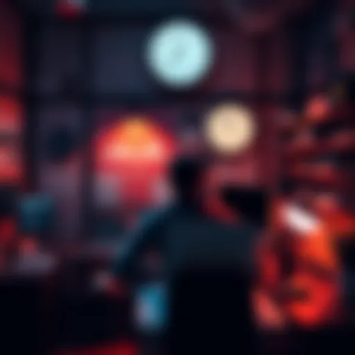 A person sits at a desk with a laptop, looking at a clock and contemplating changes in work hours due to AI. The room is filled with modern tech equipment.