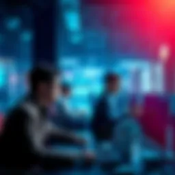 A business setting with people using computers and discussing worker rights while AI technology is visibly present.