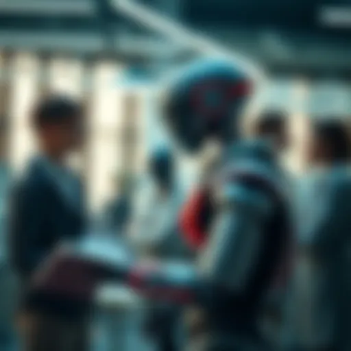 A robot and a group of workers discussing job roles in an office setting.