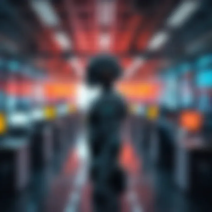 A robot standing in an office space where all human workers have been replaced by machines, showcasing technology in the workplace
