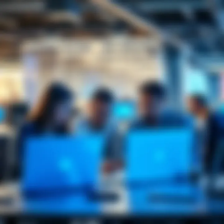 A business team working with AI technology on laptops, showcasing productivity and teamwork in an office setting.