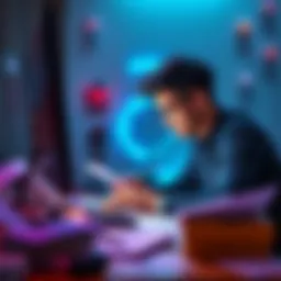 A person looking frustrated while reading low-quality AI-generated content at a desk with a computer and papers scattered around