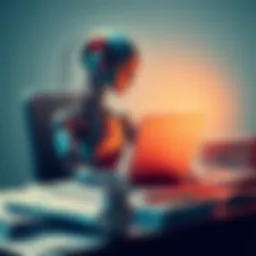 An artificial intelligence writer sitting at a desk with a laptop, surrounded by newspapers and coffee cups, symbolizing innovation in journalism.