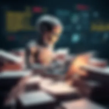 A robot typing on a laptop surrounded by stacks of papers, representing AI in content creation