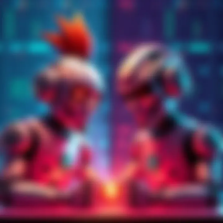 A side-by-side depiction of two AI characters, Super Grok with a bold and flashy appearance, and GPT-4o with a calm and thoughtful demeanor, engaging in a writing competition.