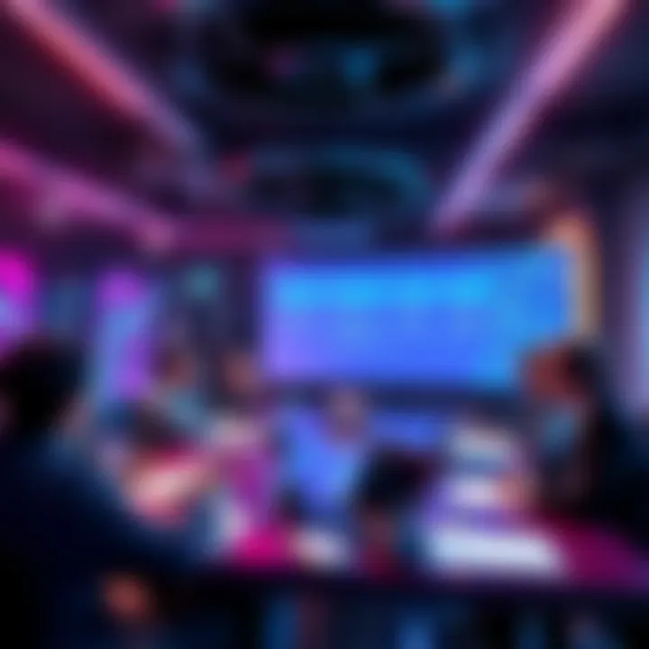 A group of people debating the pros and cons of AI in writing, with notes and laptops around them.