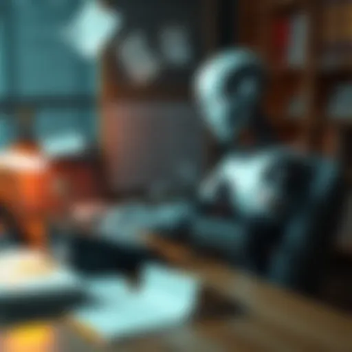 A robot sitting at a desk with a typewriter, looking frustrated while papers with dull text are scattered around.