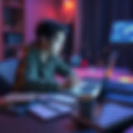 A college student using a laptop to explore various AI writing tools for essays and research, surrounded by notebooks and a coffee cup.