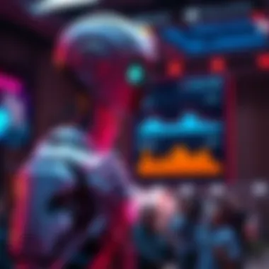 An AI presenter with a digital display screen showing analytics and viewer engagement metrics, symbolizing the rise of AI in content creation.