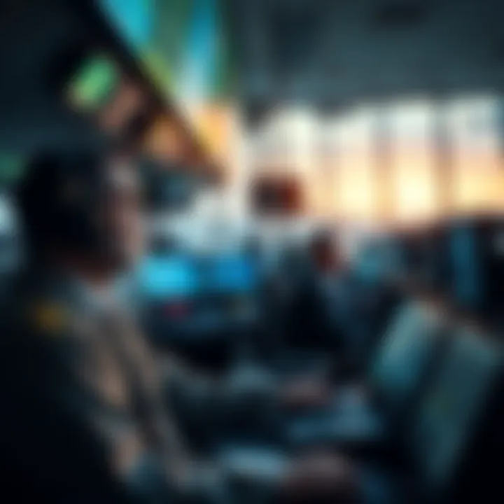 Air traffic controllers managing flight traffic in a busy control tower with multiple screens and communication devices.