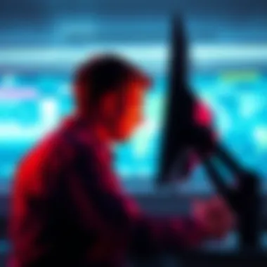 An airline employee looking at a computer screen with AI graphics, pondering job security in the airline industry