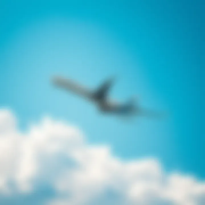 A commercial airplane soaring through a clear blue sky over fluffy white clouds
