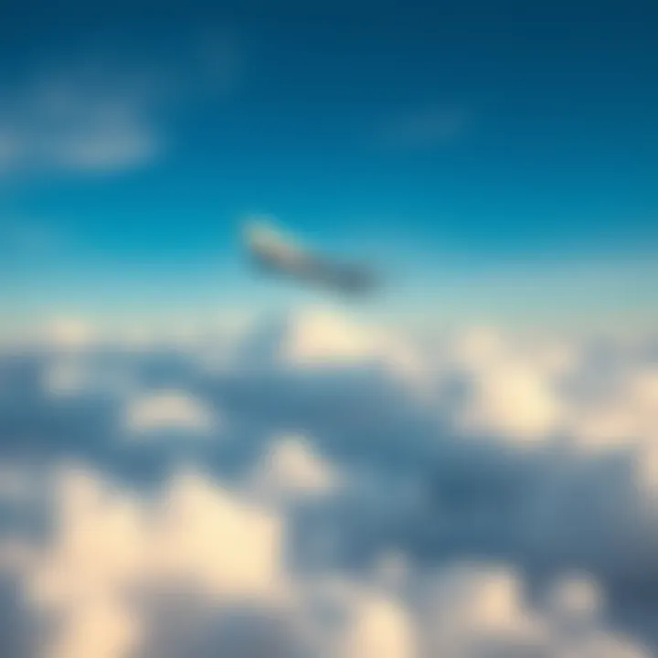 A commercial airplane soaring high above white fluffy clouds against a bright blue sky