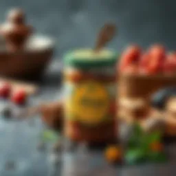 A jar of Aiwar, a unique German spice spread, showcased on a wooden table with spices around it.