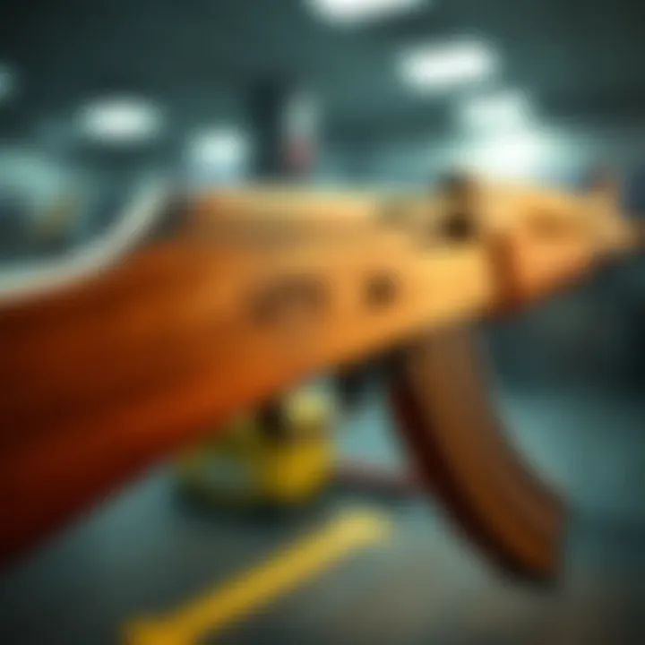 AK-74 Plywood Stock A close-up of the AK-74 plywood stock showing its design and texture, highlighting its functionality in a gameplay setting.