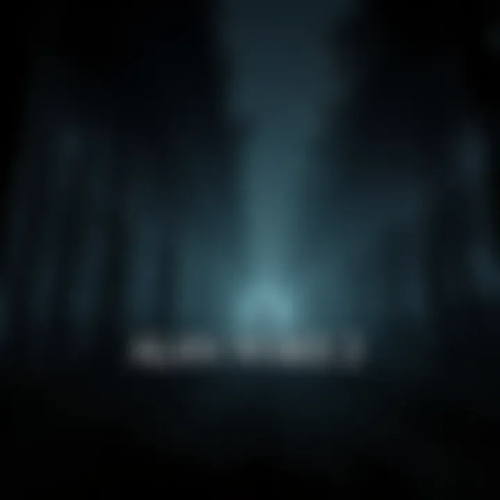 A dark, moody forest scene from Alan Wake 2, showcasing eerie lighting and a solitary figure in the distance.
