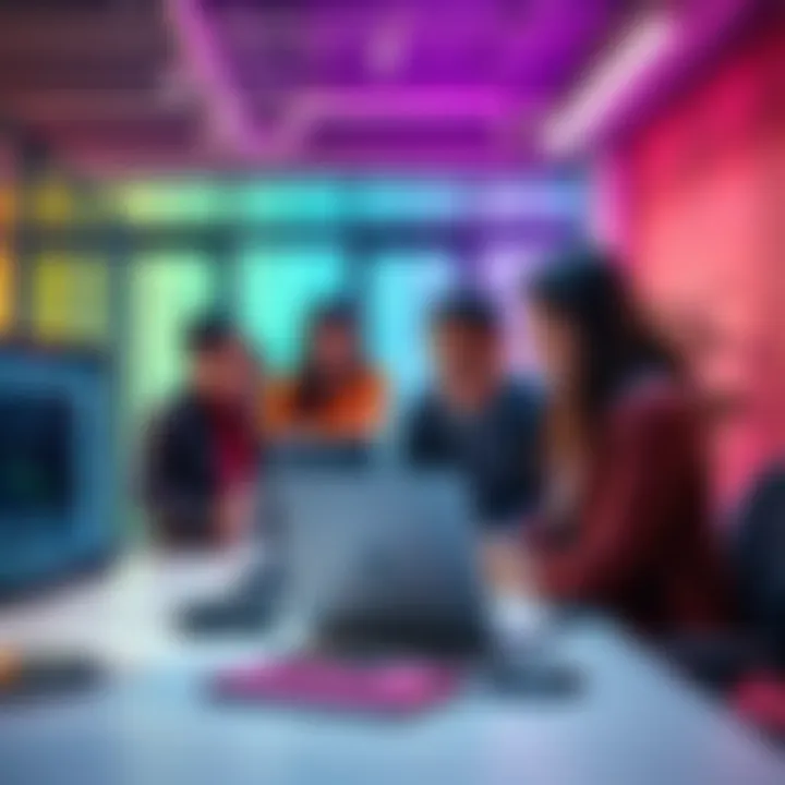 A photo of a diverse team of tech professionals discussing AI development with a computer in a modern office setting