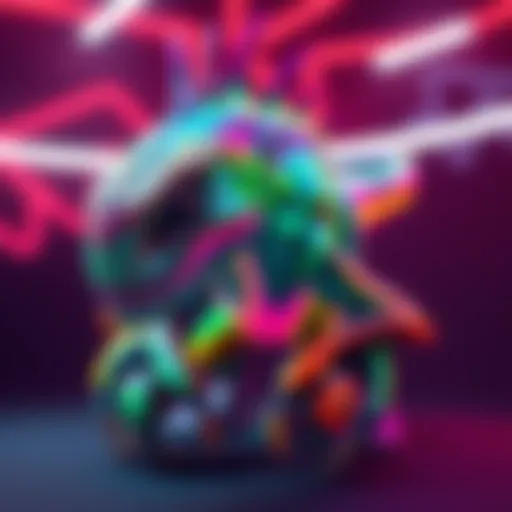 An AI-generated alien creature modeled after an allosaurid, showcasing its unique features and vibrant colors in a creative art space.