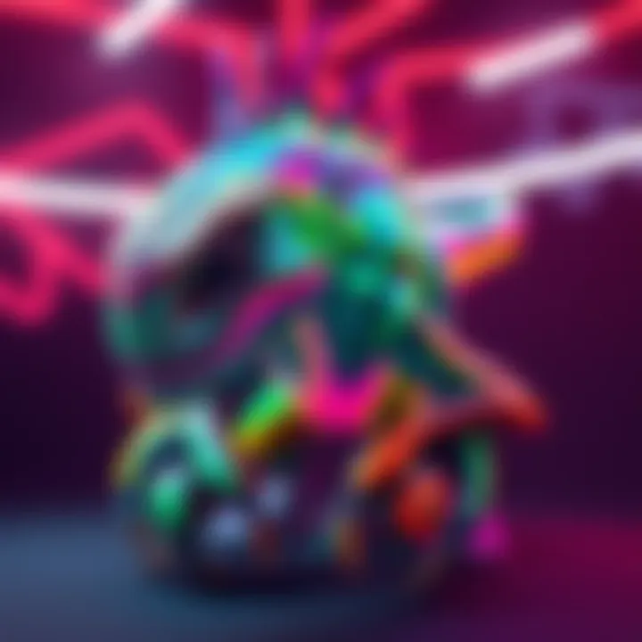 An AI-generated alien creature modeled after an allosaurid, showcasing its unique features and vibrant colors in a creative art space.